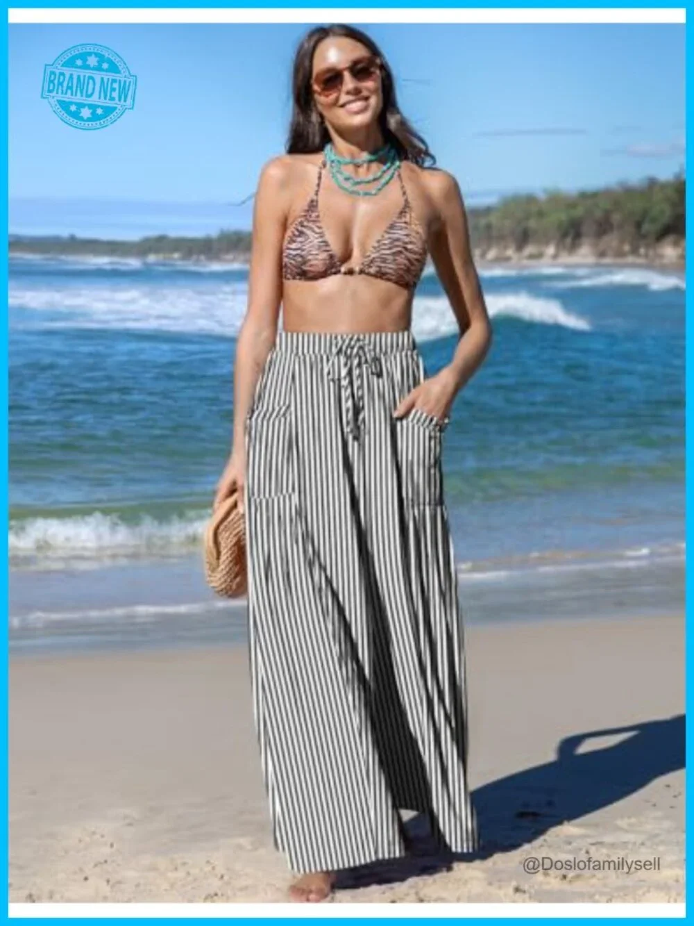 Wide Leg Linen Blend Palazzo Pants with Side Pockets - Picture 2 of 5